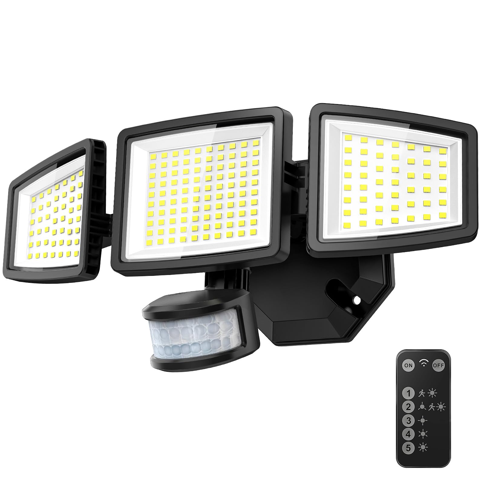 PURICH upgraded LED security lights triple-head front view enhances yard visibility at night.