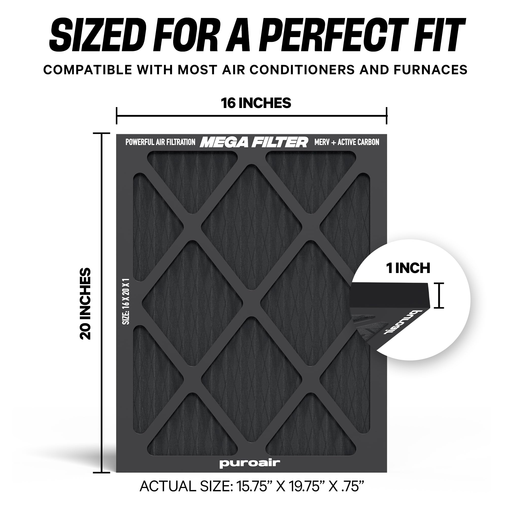 PuroAir MegaFilter 16x20x1 cross-section highlights the three-layer filtration in action.