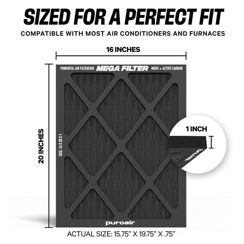 PuroAir MegaFilter 16x20x1 cross-section highlights the three-layer filtration in action.