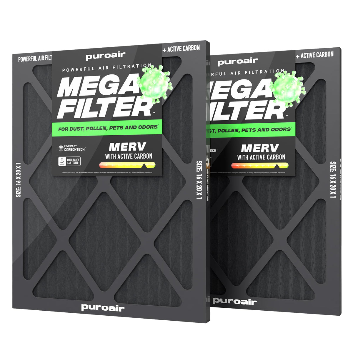 PuroAir MegaFilter 16x20x1 front view shows a precise, snug fit for HVAC slots.