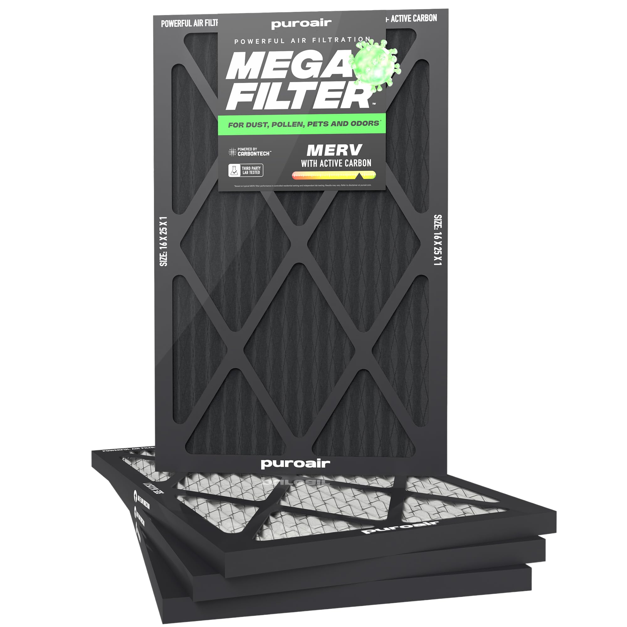 PuroAir MegaFilter fits 16x25x1 slots for quick installation and cleaner air.