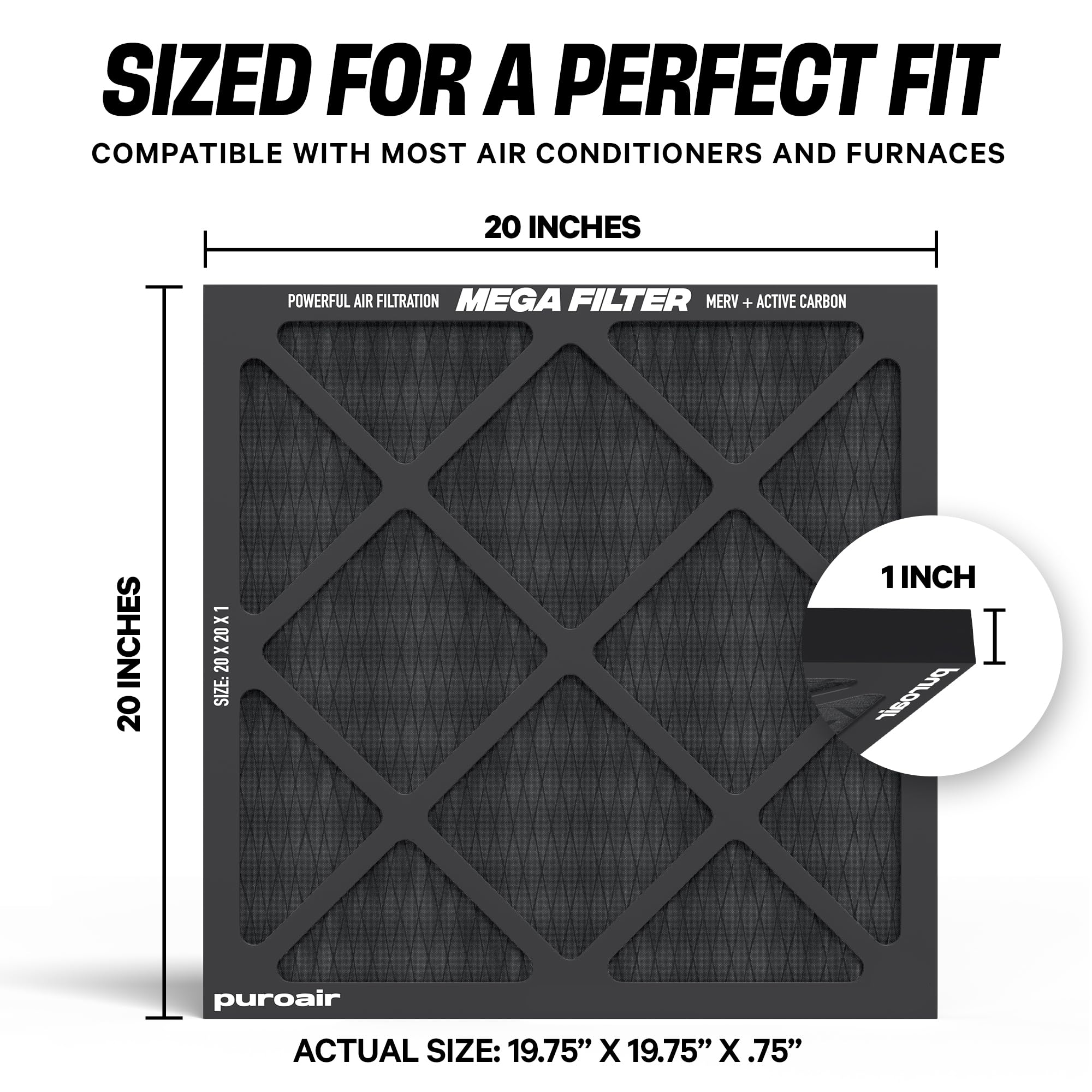 PuroAir MegaFilter 20x20x1 dust pollen dander focus—improves air quality.