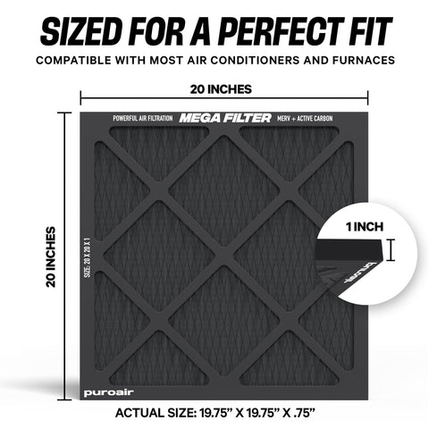 PuroAir MegaFilter 20x20x1 dust pollen dander focus—improves air quality.