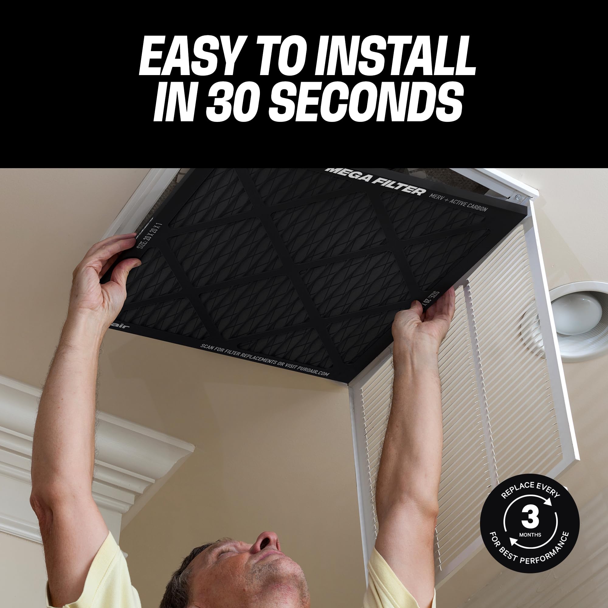 PuroAir MegaFilter 20x20x1 odor control—neutralizes smells from cooking and smoke.