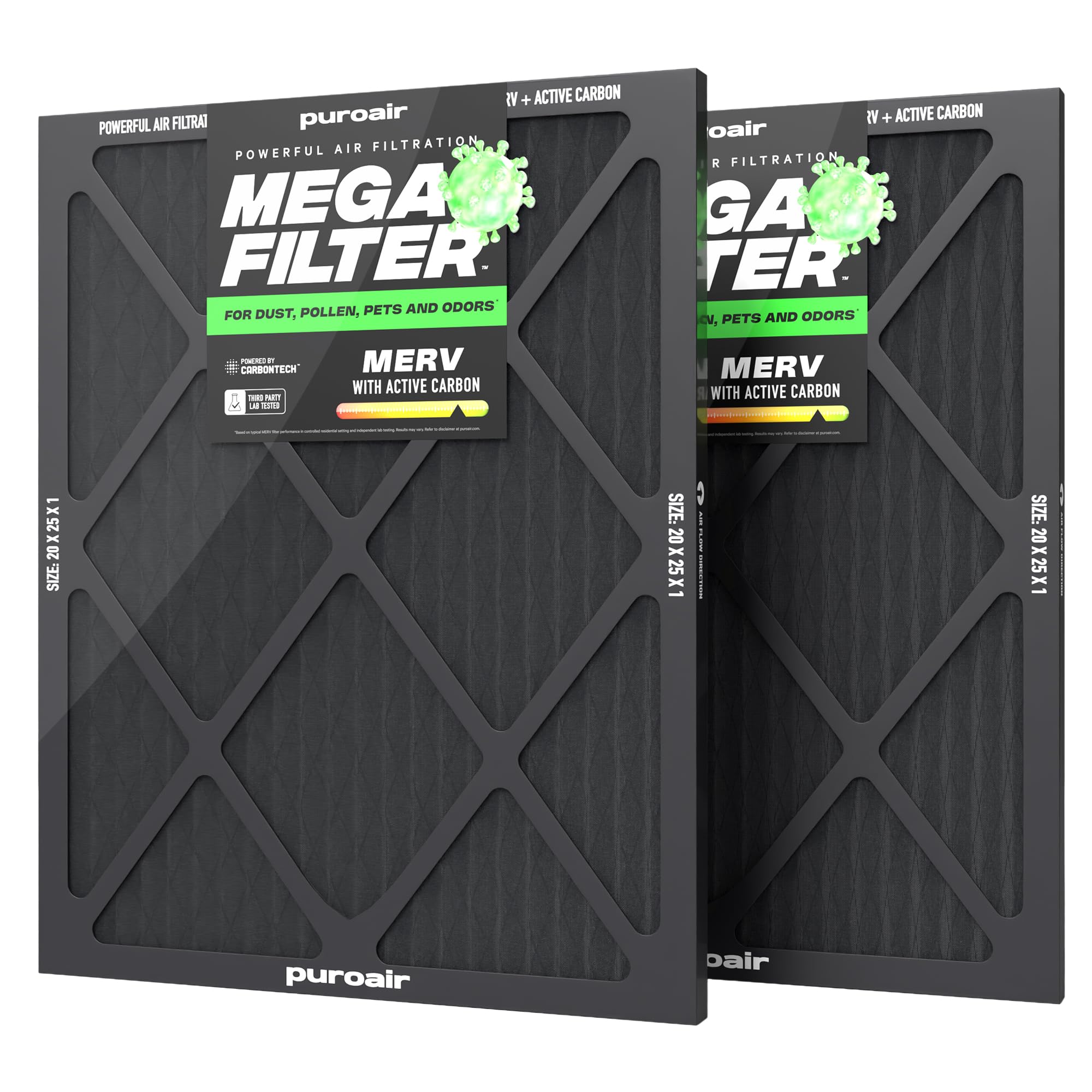 PuroAir MegaFilter 20x25x1 front view shows three-layer design for strong filtration