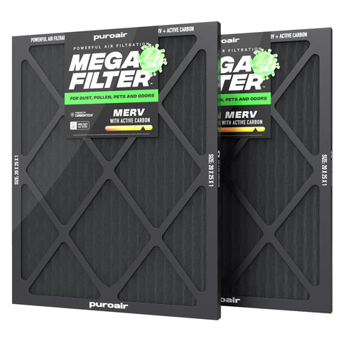 PuroAir MegaFilter 20x25x1 front view shows three-layer design for strong filtration