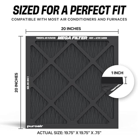 PuroAir MegaFilter 3-layer design highlighting prefilter, MERV 13, and carbon tech