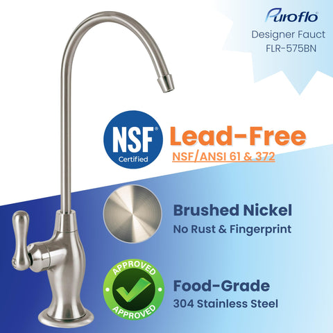 PUROFLO brushed-nickel RO faucet spout with 360° swivel.