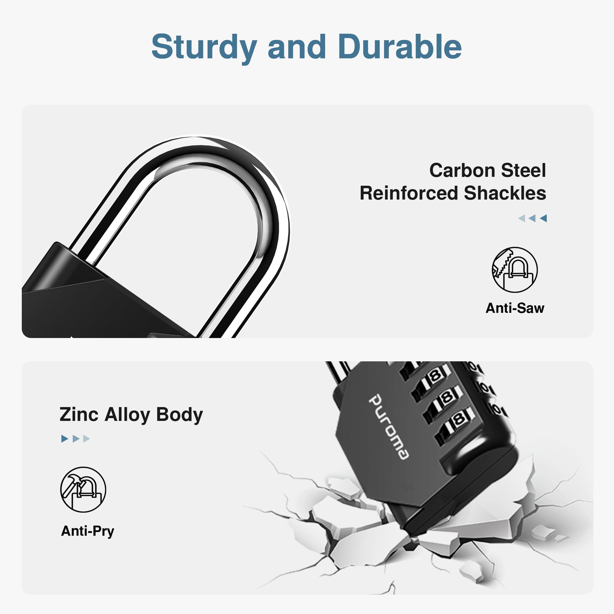 Puroma weatherproof padlock shown in outdoor use on gates and sheds.