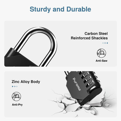 Puroma weatherproof padlock shown in outdoor use on gates and sheds.