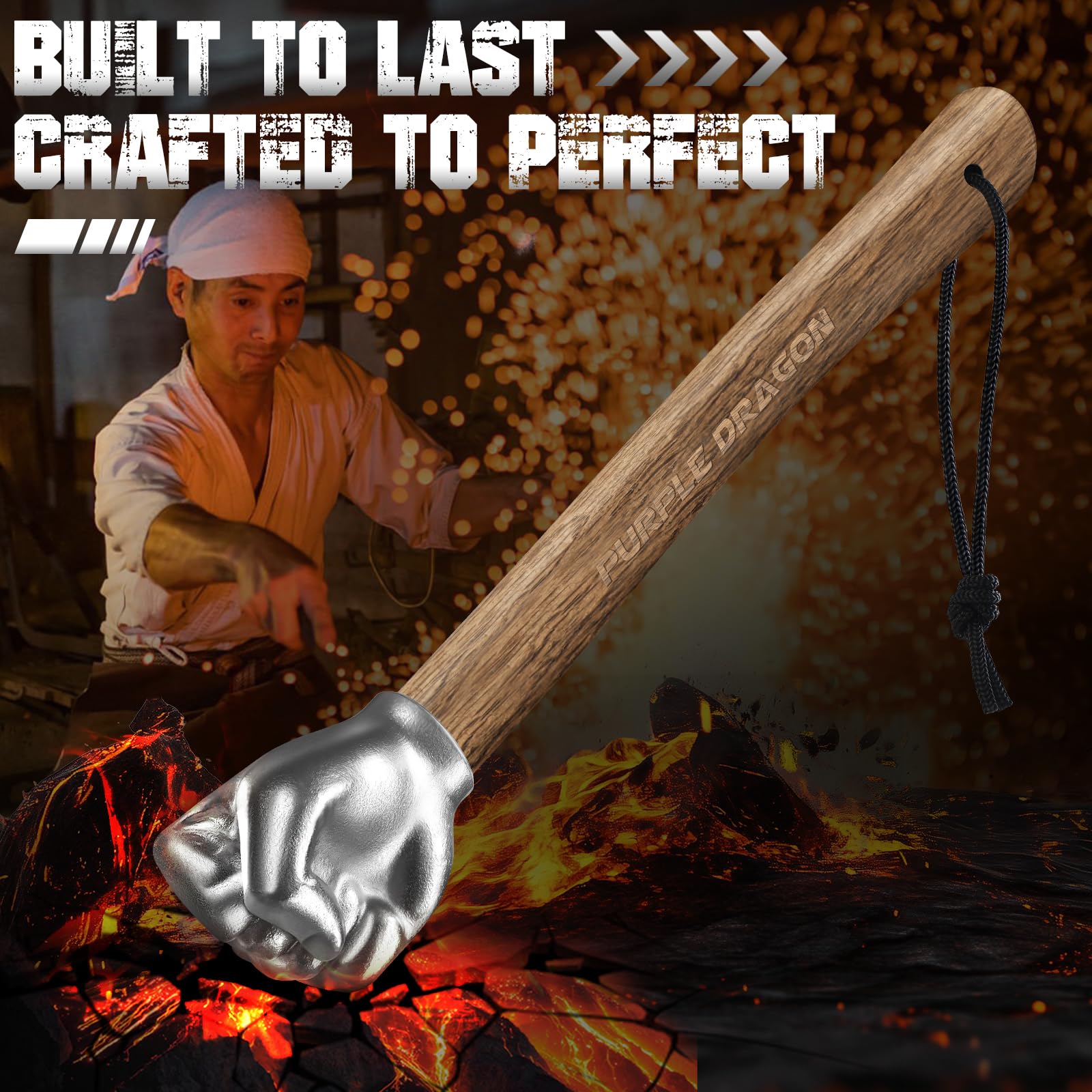 Purple Dragon fist hammer wooden handle with ergonomic grip.
