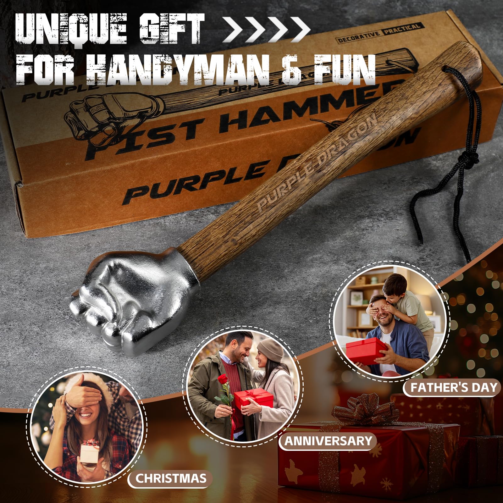 Purple Dragon fist hammer on a workbench, display-ready.