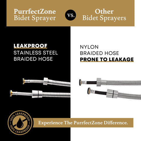 Purrfectzone bidet hose in stainless steel shows durable, long-lasting performance.