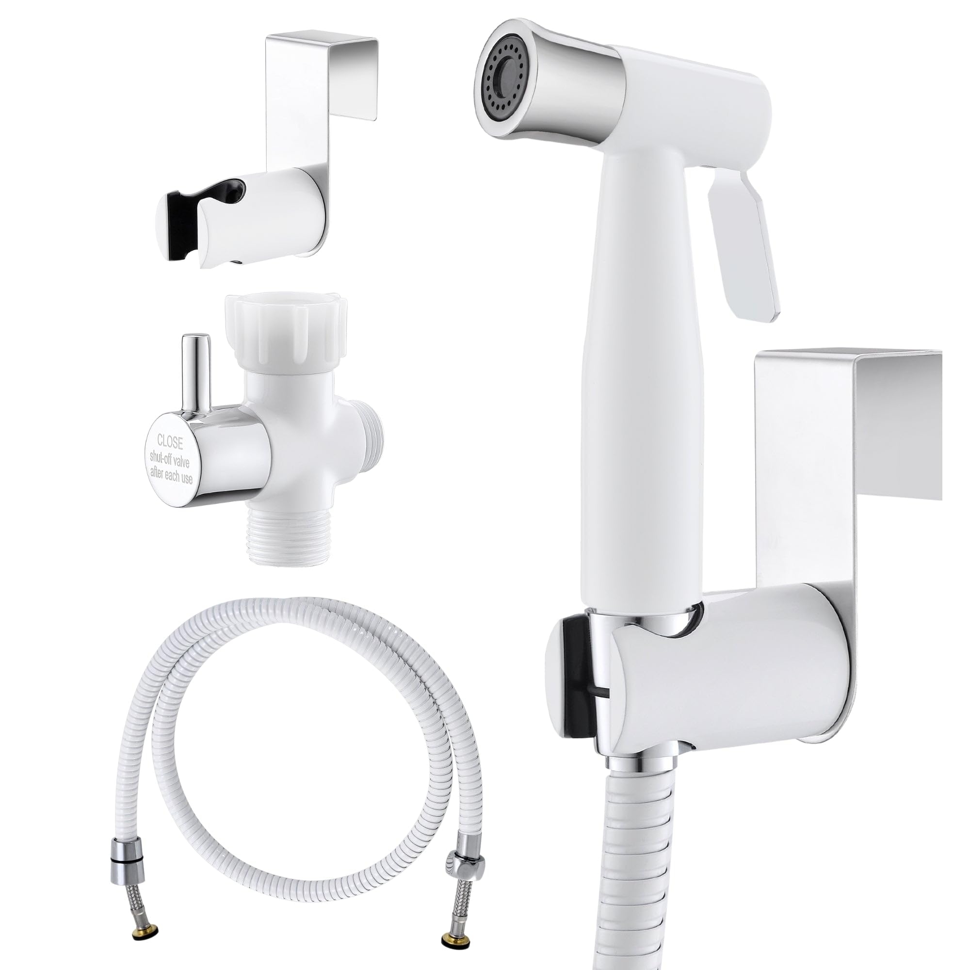 Purrfectzone bidet sprayer closeup in white chrome highlighting premium hygiene.