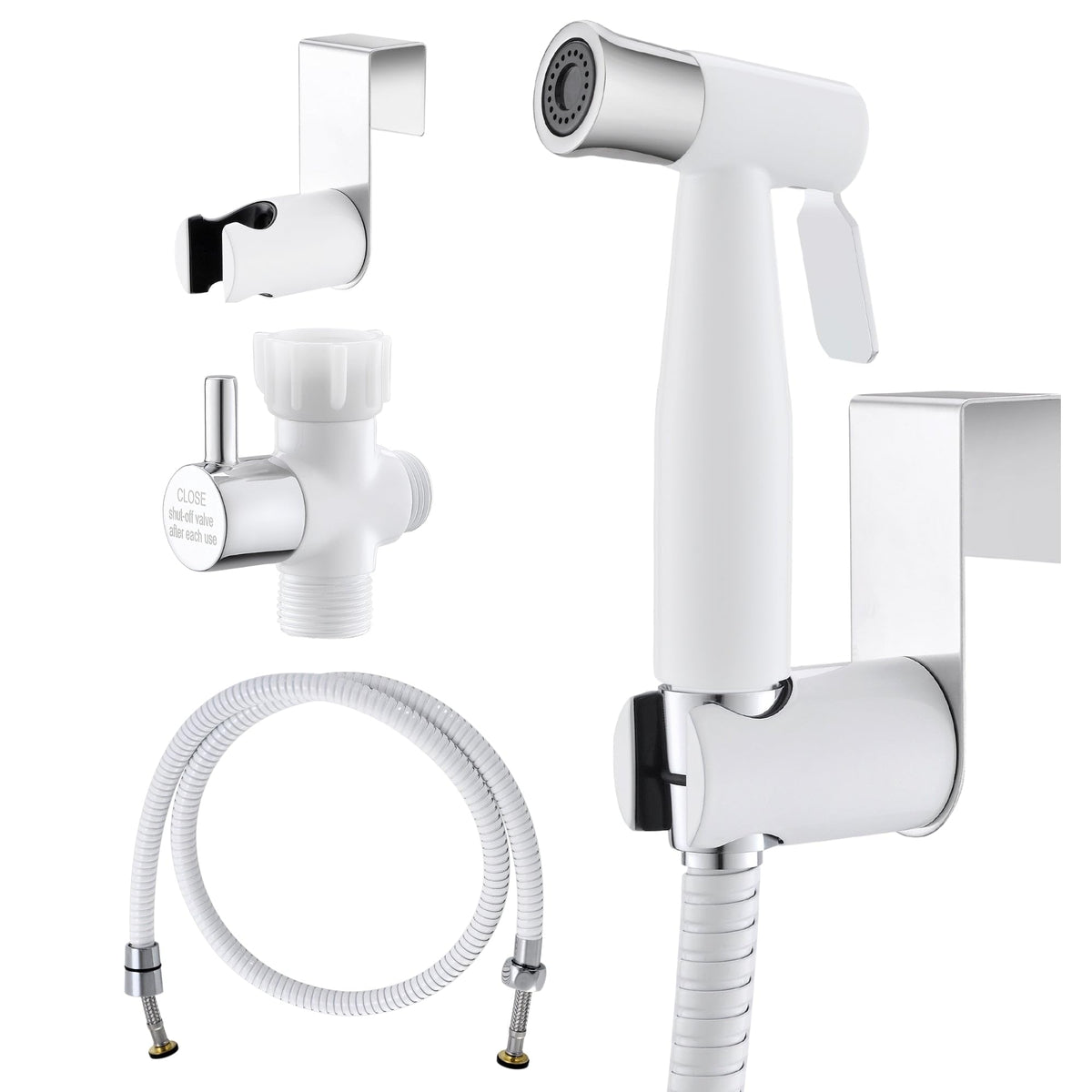 Purrfectzone bidet sprayer closeup in white chrome highlighting premium hygiene.
