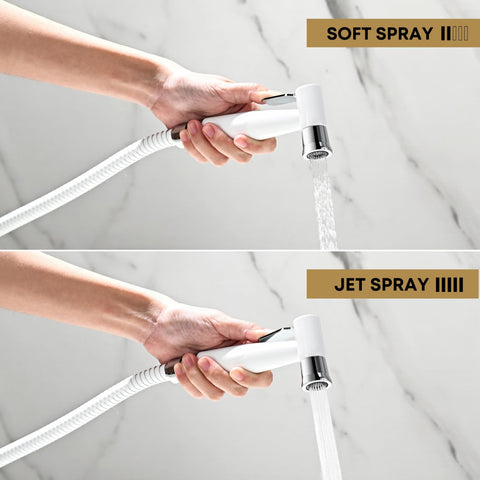 Purrfectzone bidet sprayer hose and nozzle detail shows stainless steel durability.