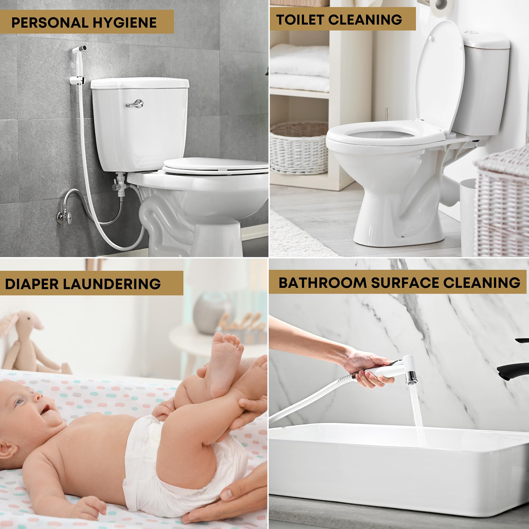 Purrfectzone bidet sprayer multi-use illustration for personal care and cleaning tasks.