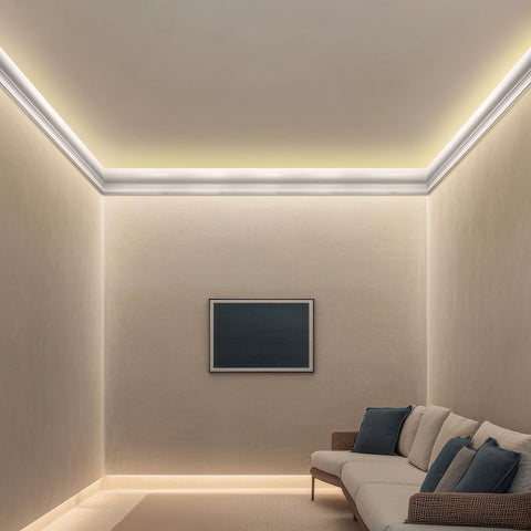 Pushglossy ambient lighting crown molding demonstrates mood lighting with LEDs.