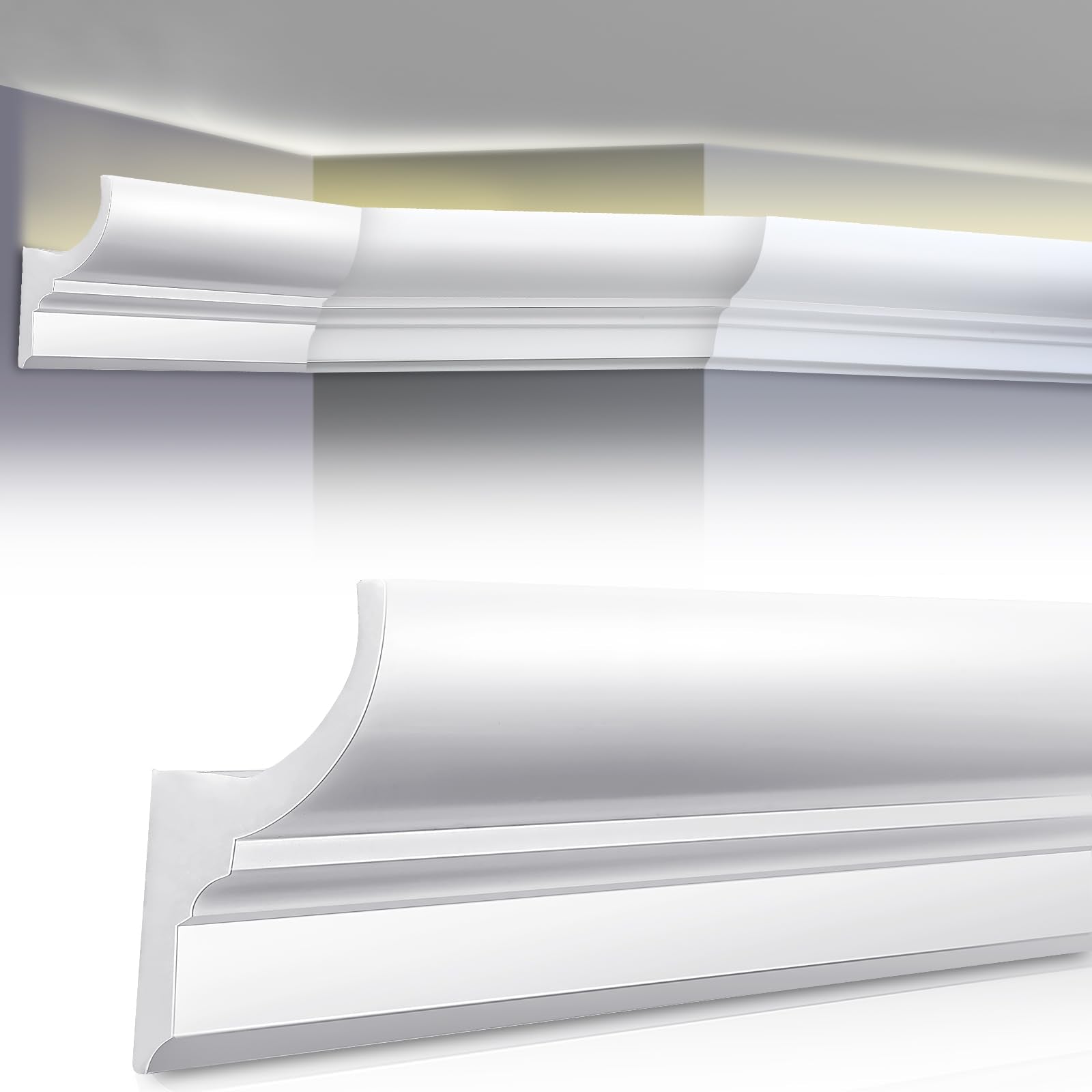 Pushglossy ceiling crown molding with LED duct kit for ambient lighting.