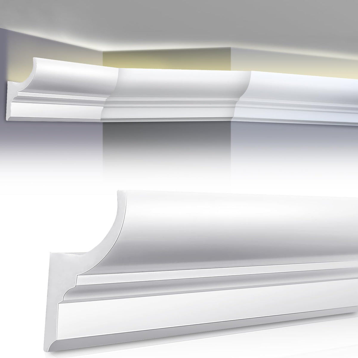 Pushglossy ceiling crown molding with LED duct kit for ambient lighting.