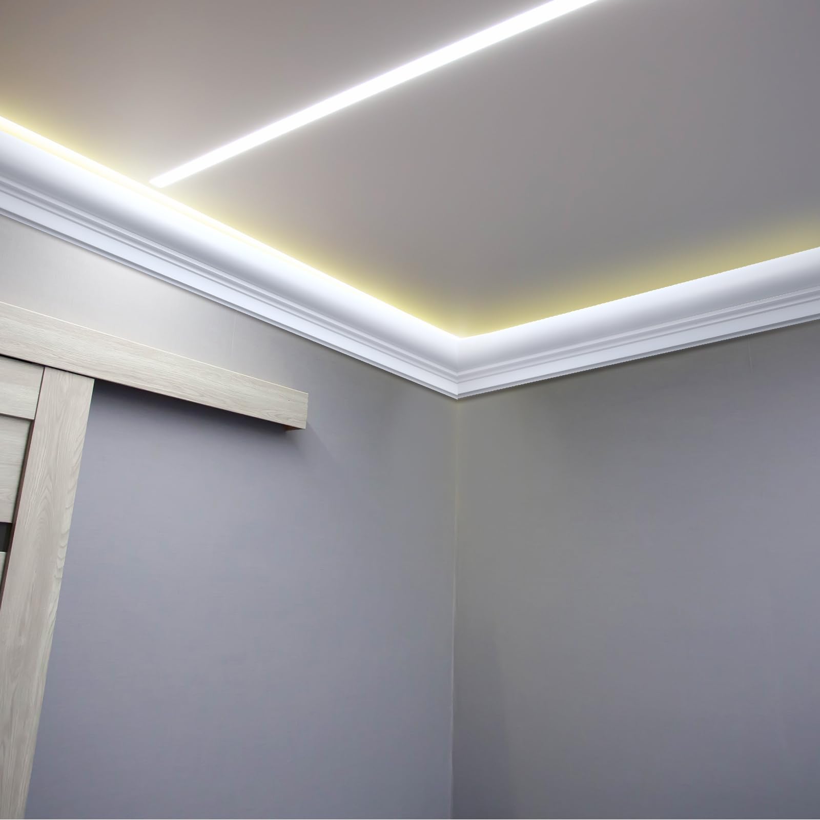 Pushglossy baseboard molding compatible with LED strips along walls.