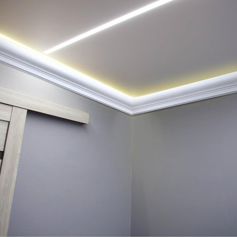Pushglossy baseboard molding compatible with LED strips along walls.