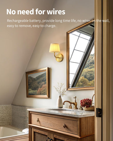 PUSU LED cordless gold sconce remote demonstrates easy brightness control.