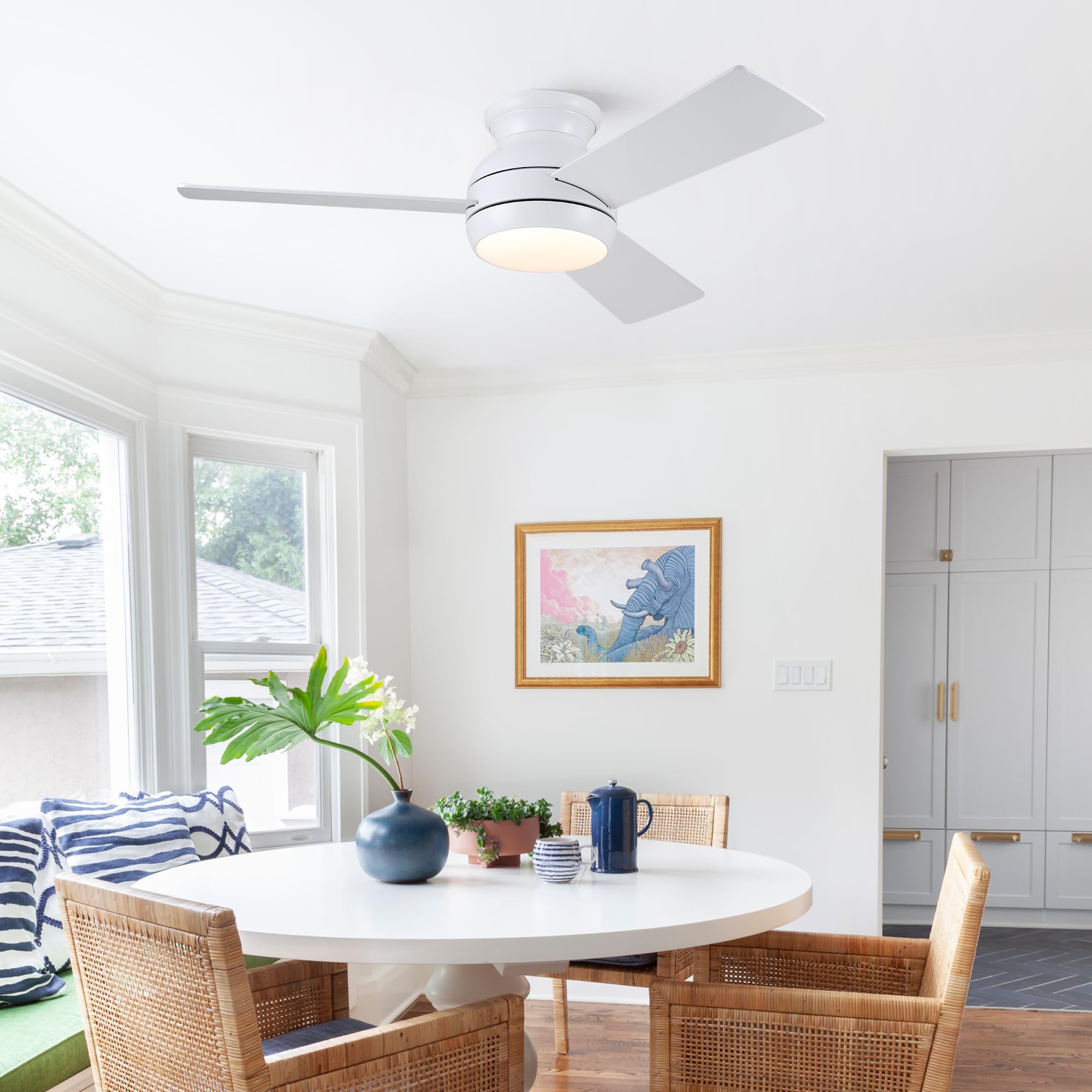 Putroad low-profile flush-mount ceiling fan blends with compact spaces.