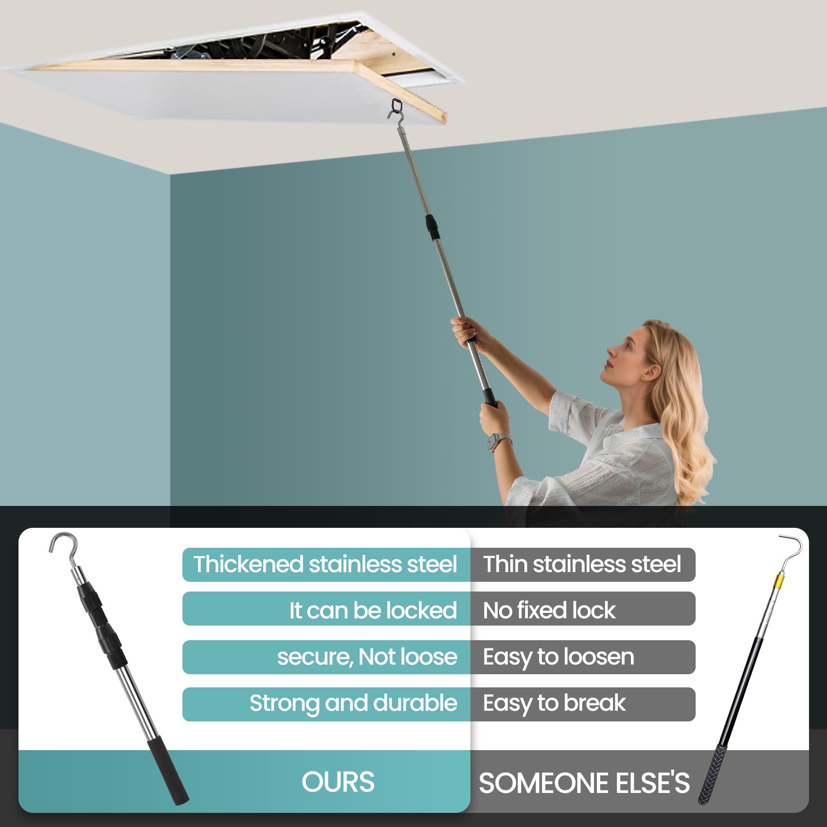 Puxaajao O-ring with rope enables versatile attic access methods.