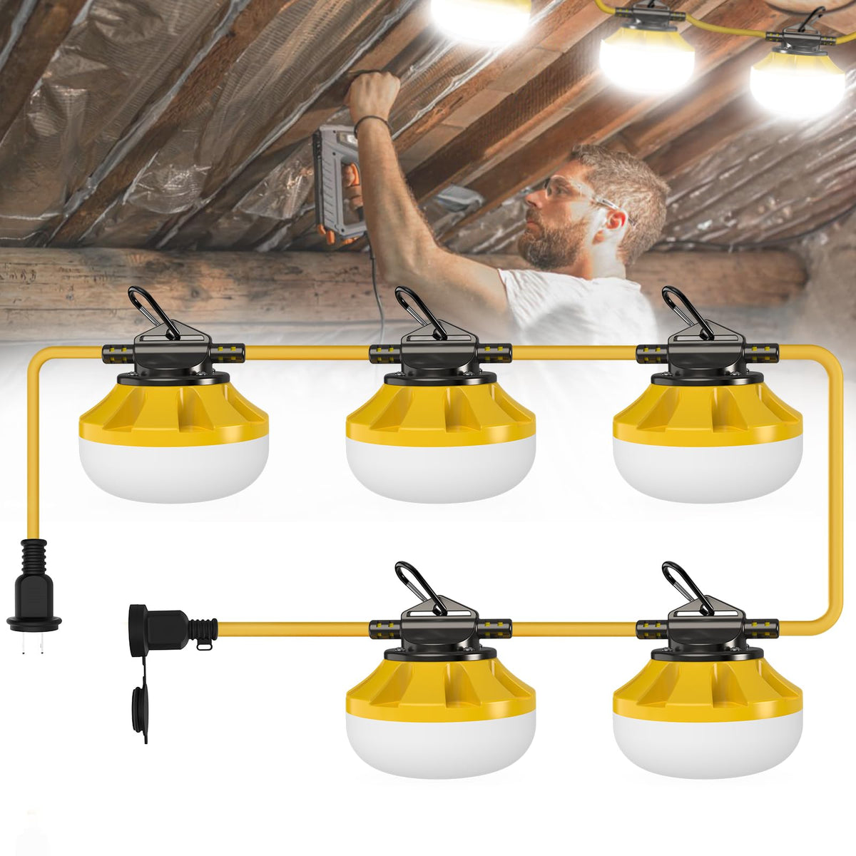Pvilub 50ft construction string lights with five bulbs for bright, wide-area illumination in work zones.