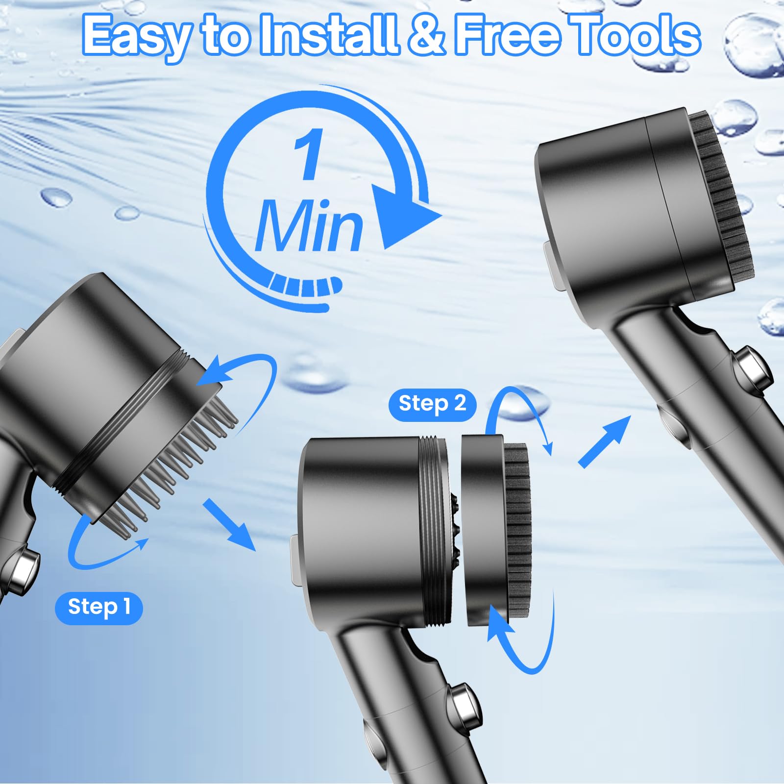 PWERAN showerhead with silicone bristle brush for gentle cleansing.