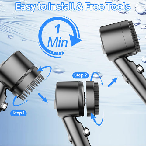 PWERAN showerhead with silicone bristle brush for gentle cleansing.