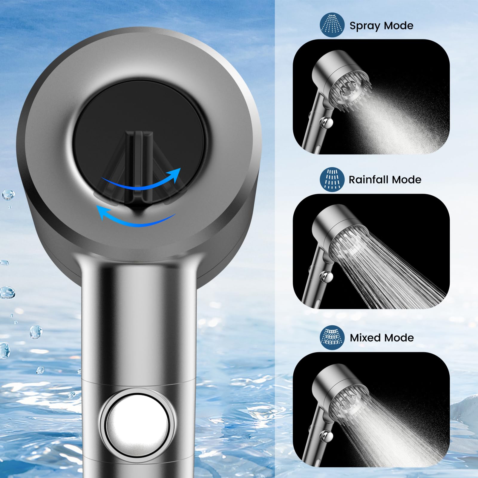 PWERAN on/off water stop feature enabling quick shut-off during bathing.