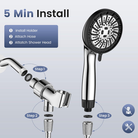PWERAN filtered shower head includes hose and holder for convenience