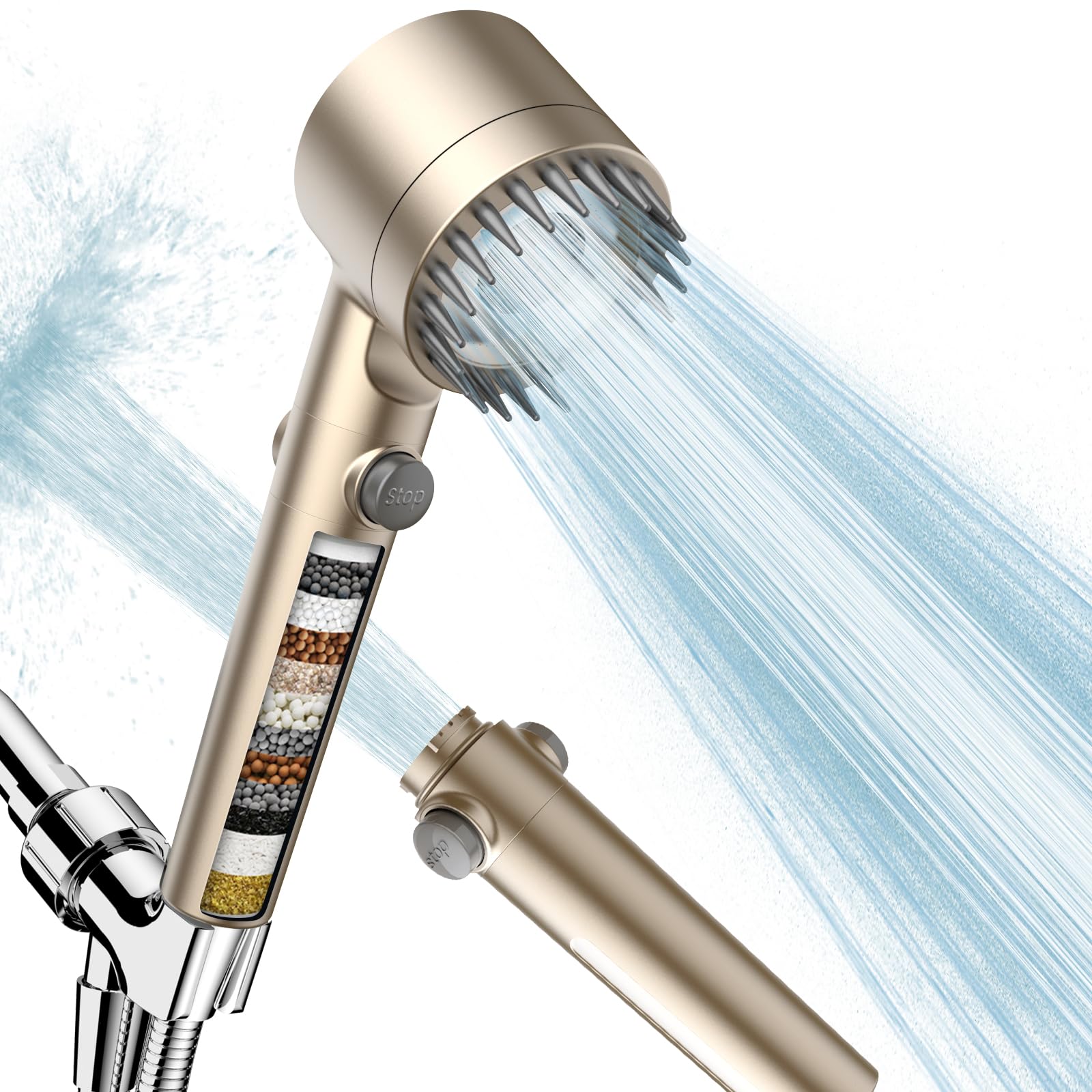 PWERAN filtered shower head front view with golden finish for modern bathrooms.