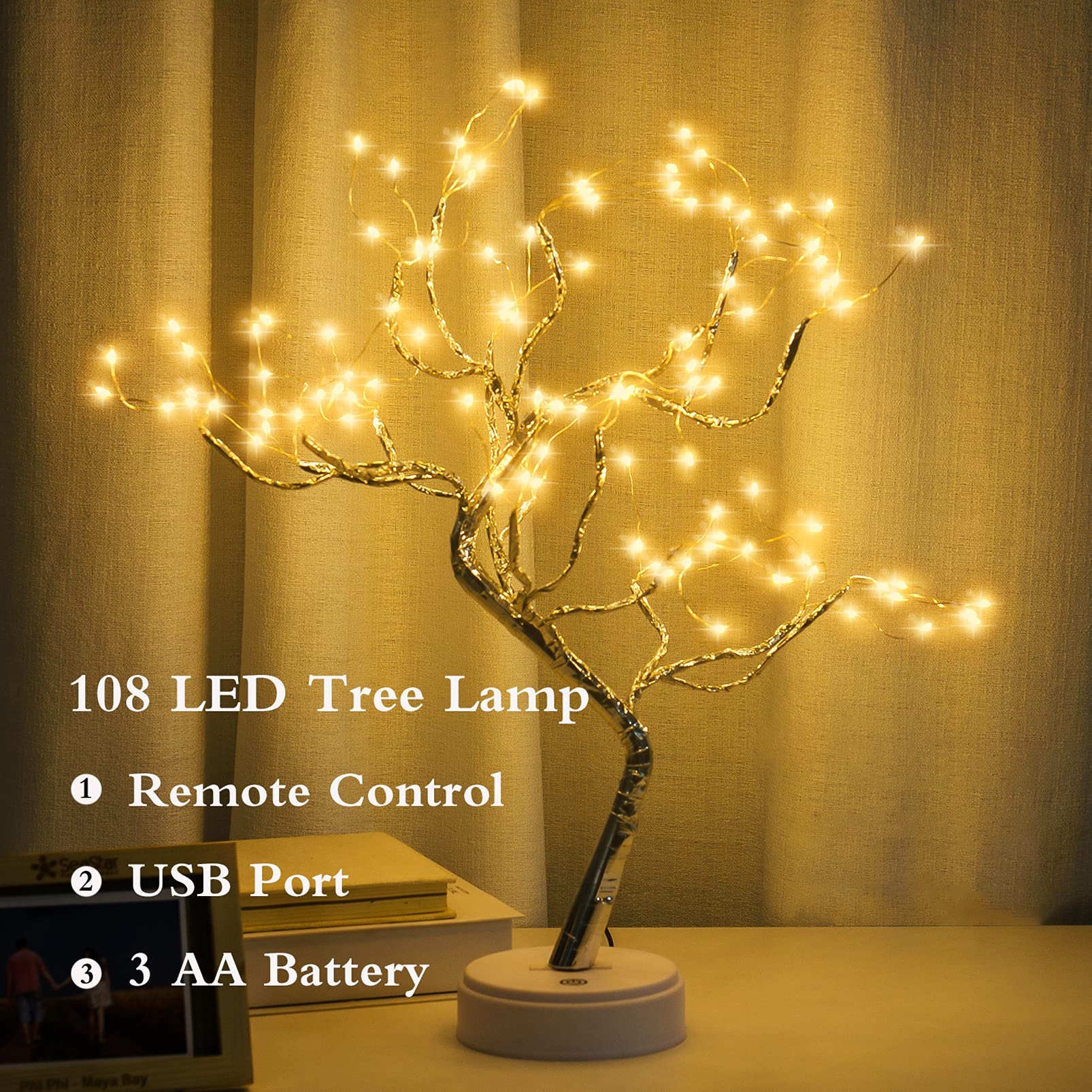 PXBNIUYA bonsai-style tree lamp powered by USB or batteries for portable use