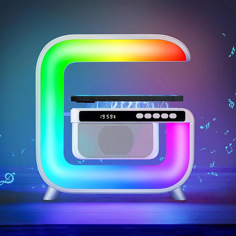 Pxujoqecg table lamp with bluetooth speaker on nightstand for immersive audio.