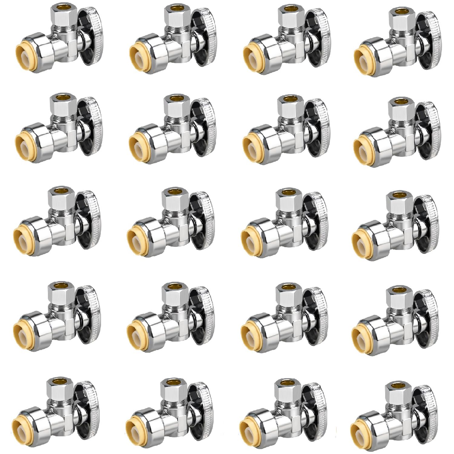 PXZBLG 20-pack angle stop valve close-up showing durable chrome-plated brass body.