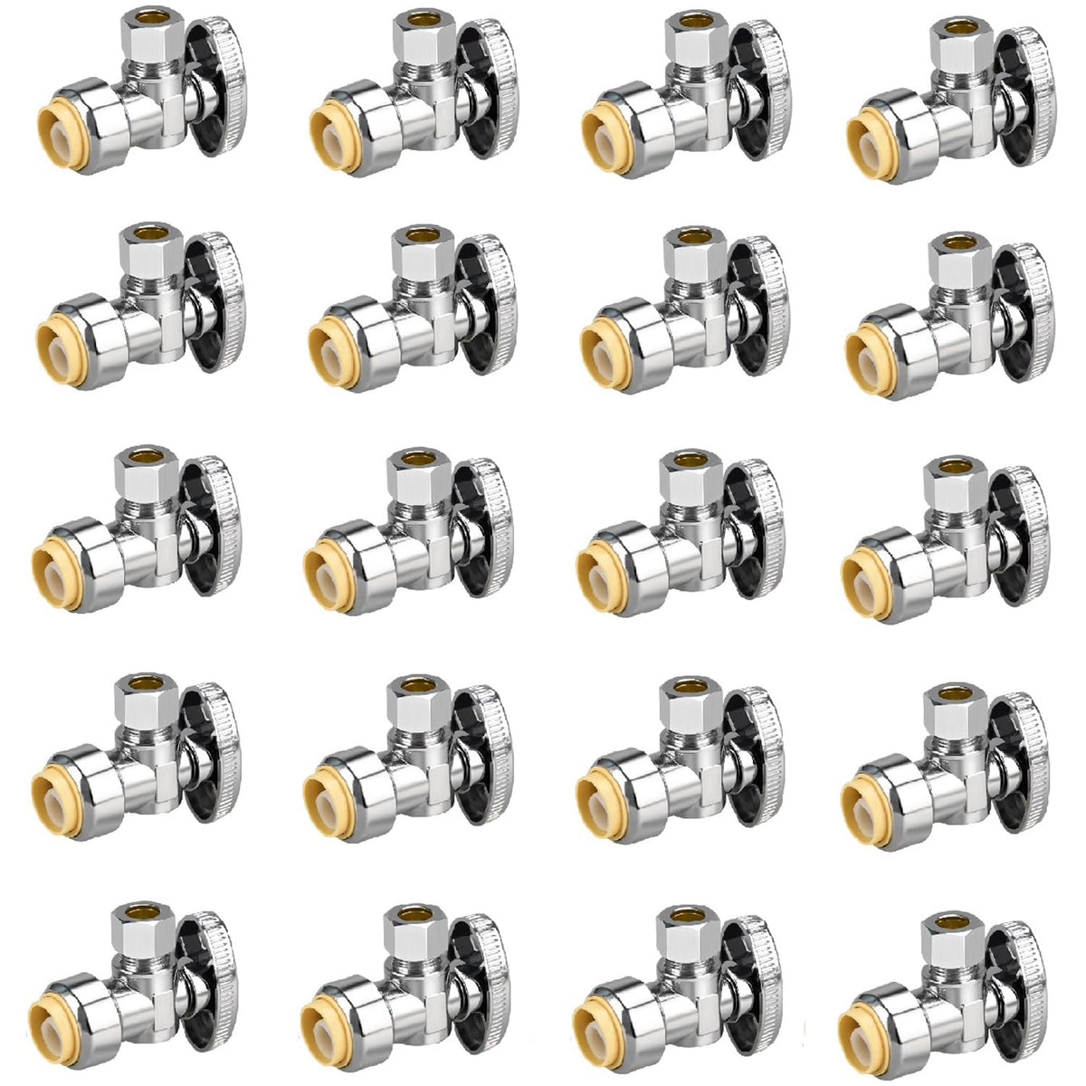 PXZBLG 20-pack angle stop valve close-up showing durable chrome-plated brass body.