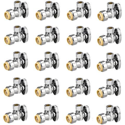 PXZBLG 20-pack angle stop valve close-up showing durable chrome-plated brass body.