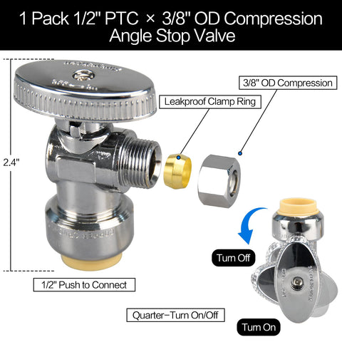 PXZBLG angle stop valve inlet connection highlighting easy push-to-connect setup.
