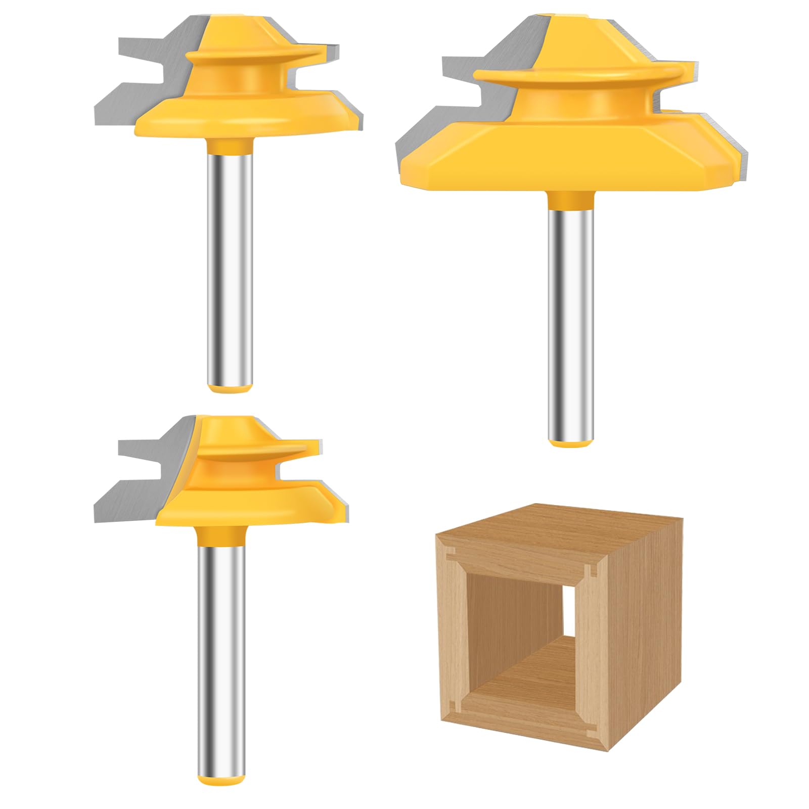 Pynsseu 45-degree lock miter router bit set with 1/4 inch shank for precise, clean joints.