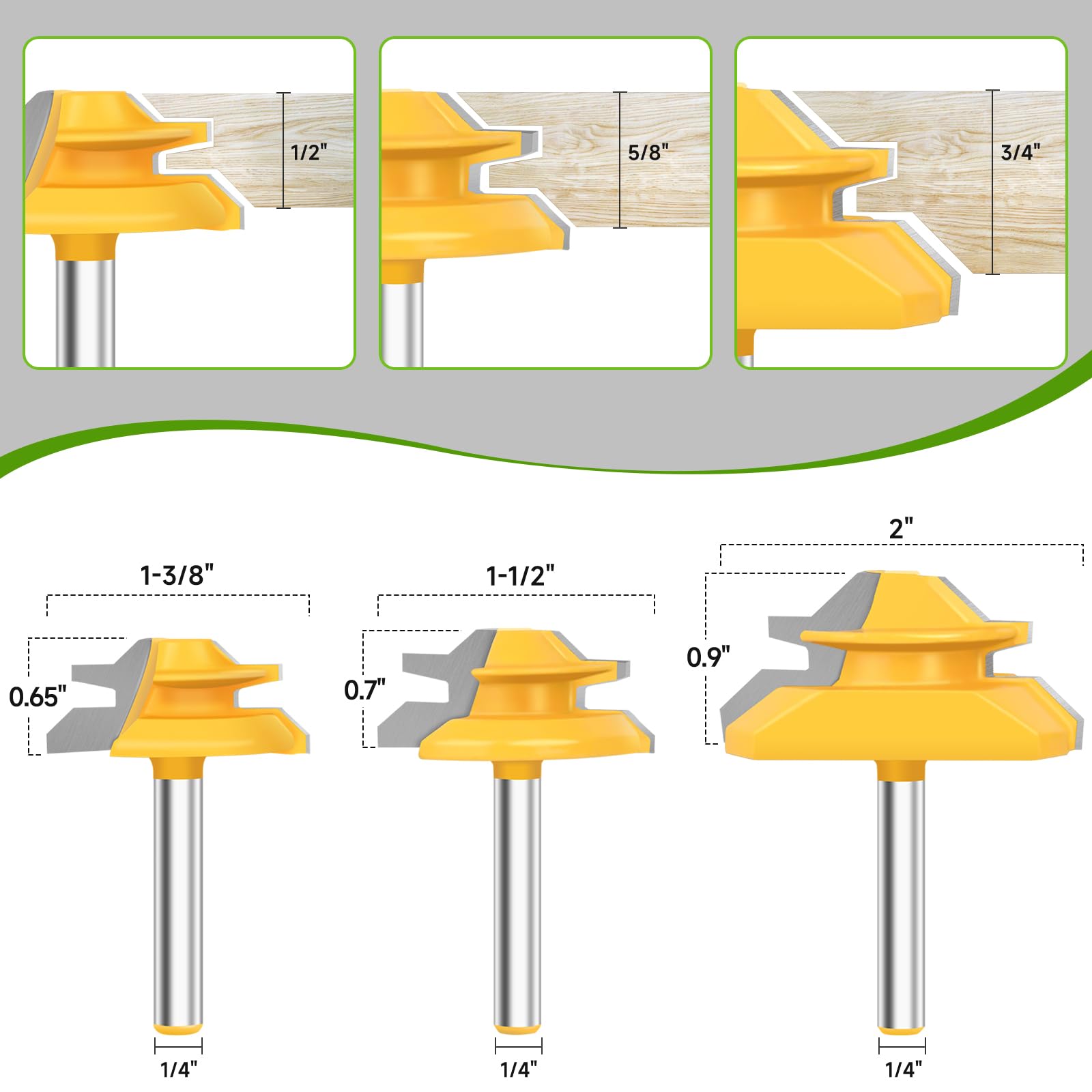 Pynsseu miter bit with 1/2 inch height for clean mid-size cabinet and frame joints.