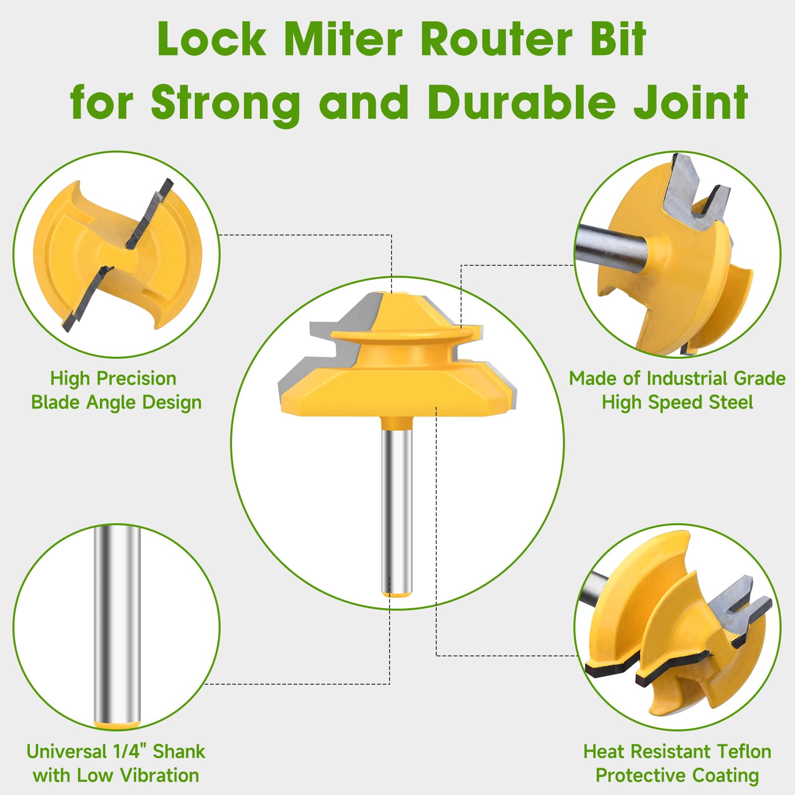 Pynsseu miter bit with 5/8 inch height for balanced seam accuracy in panels.