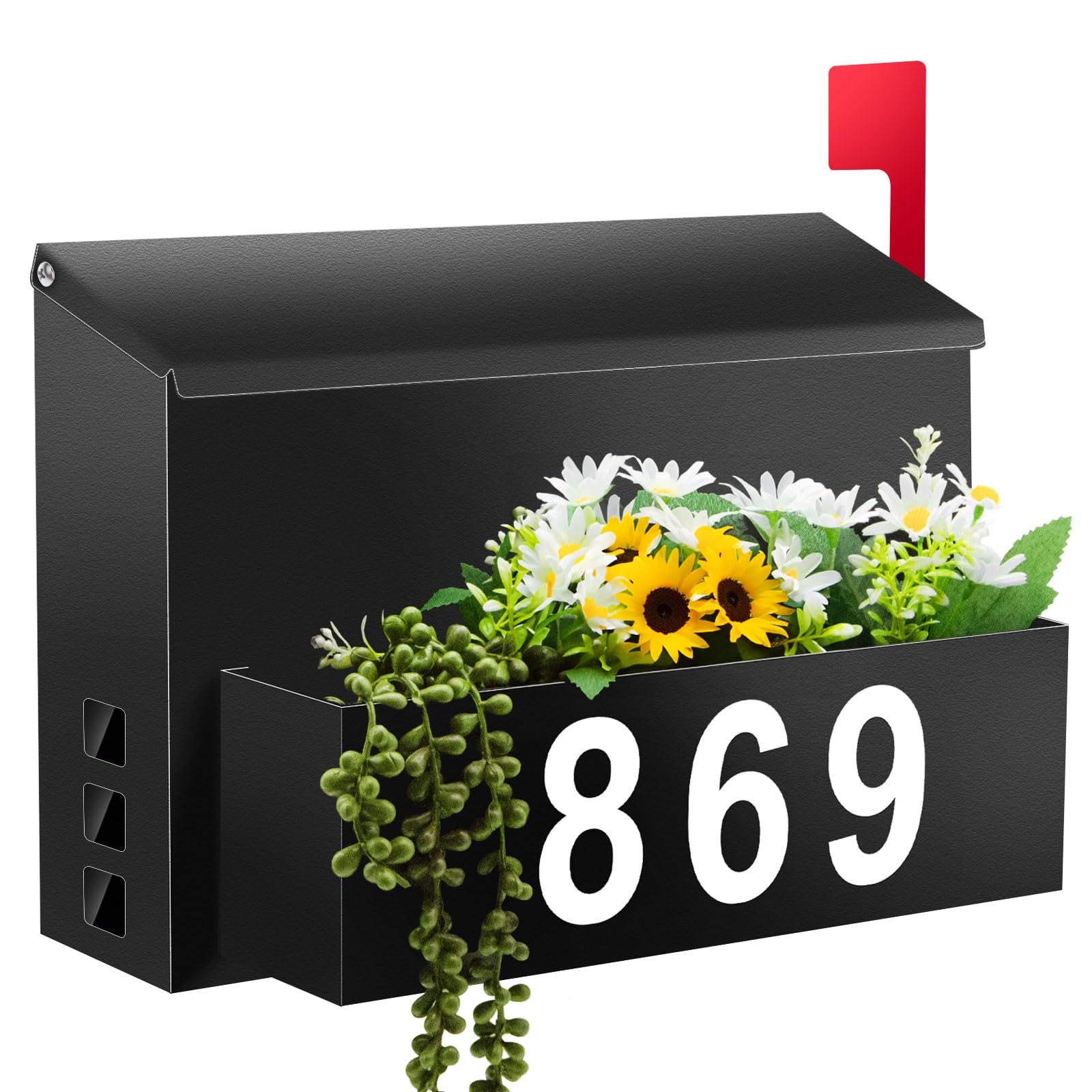 Pyoimmne wall-mount mailbox with planter, front view showing curb appeal and organization.