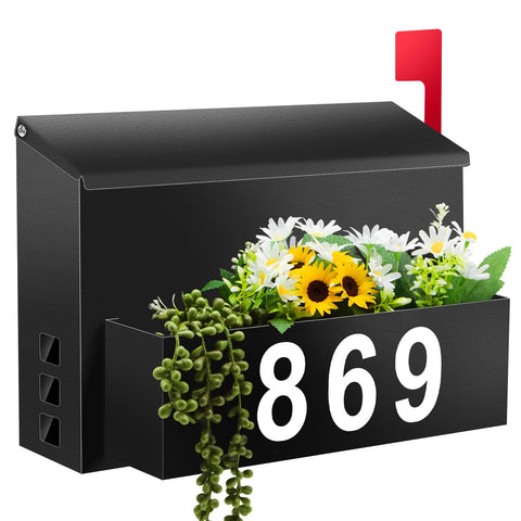 Pyoimmne wall-mount mailbox with planter, front view showing curb appeal and organization.