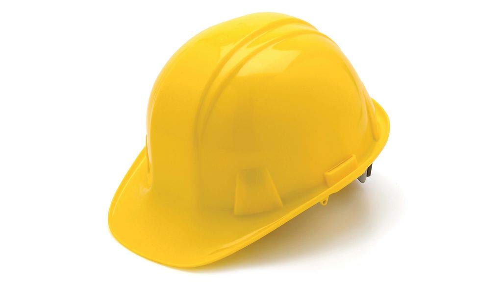 Pyramex HP14030 yellow hard hat front view showing low profile design for comfortable wear