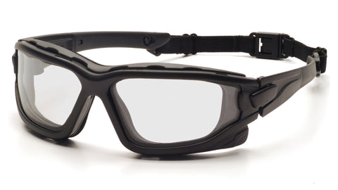 Pyramex I-Force Slim safety goggle with black frame and clear anti-fog lens for all-day visibility.