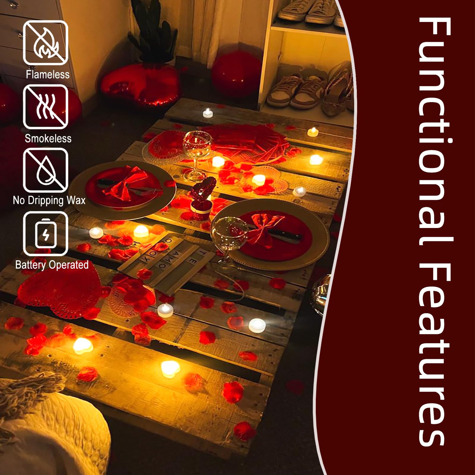 Pyrrhiax romantic night setup with petals and glow.