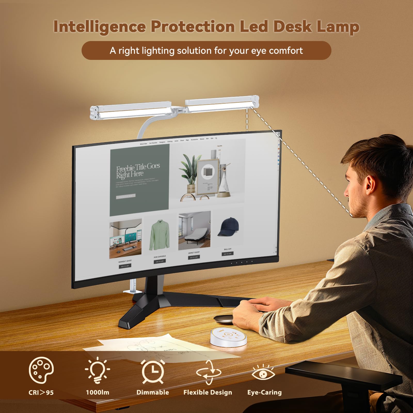 Pzloz dimmable 24W desk light adapts from soft to bright task lighting.